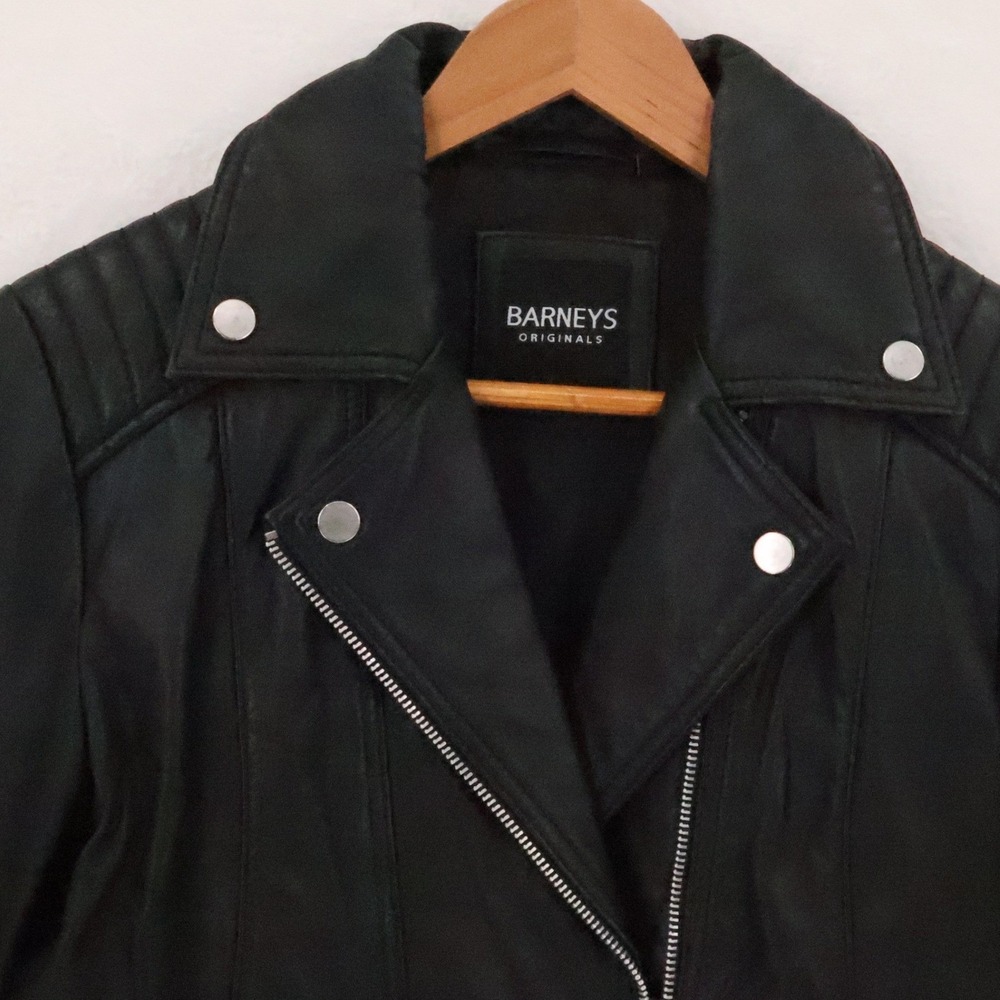 Barneys Originals Biker Moto Sheep Leather Jacket Womens Size 10 Black Pockets - Picture 13 of 16